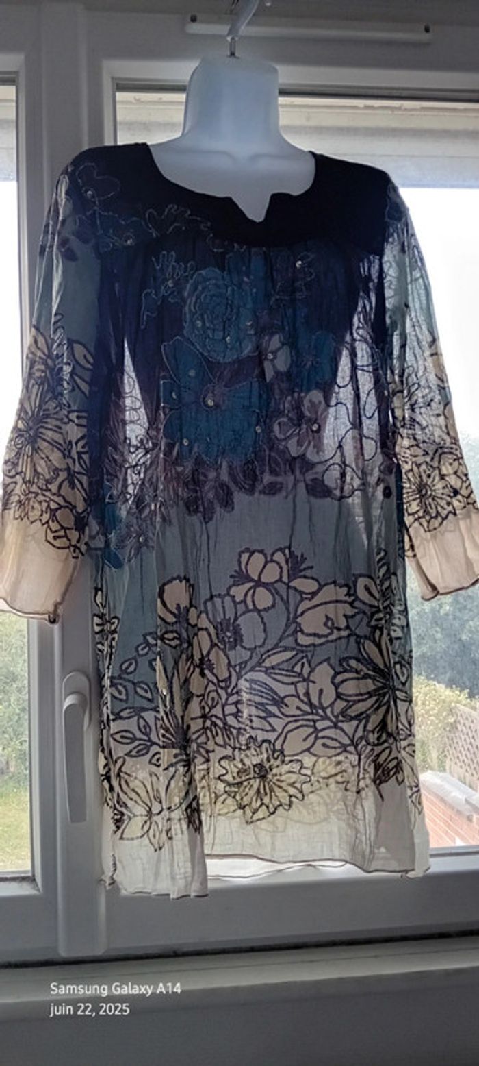 Robe tunique estivale semitransparente motif floral avec sequins multicolore femme XL - photo numéro 13