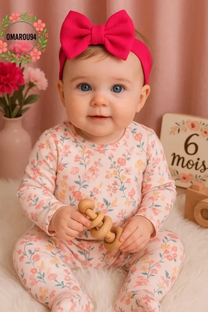 Pyjama molleton fleuri et bandeau cheveux TAO fille 6 mois 🎀