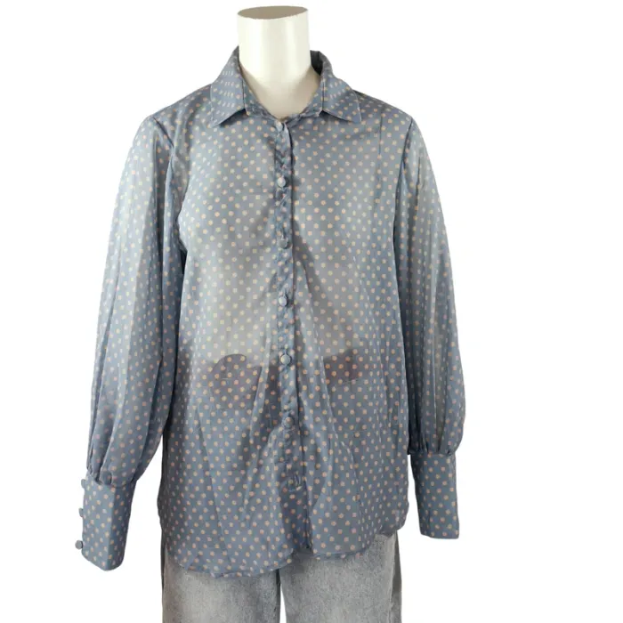 Chemise bleu ciel à pois beige Rinascimento, manches bouffantes, col classique, taille M A971