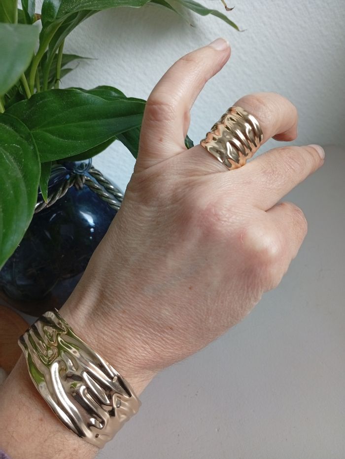 Bracelet+ Bague en métal doré texturé - photo numéro 6