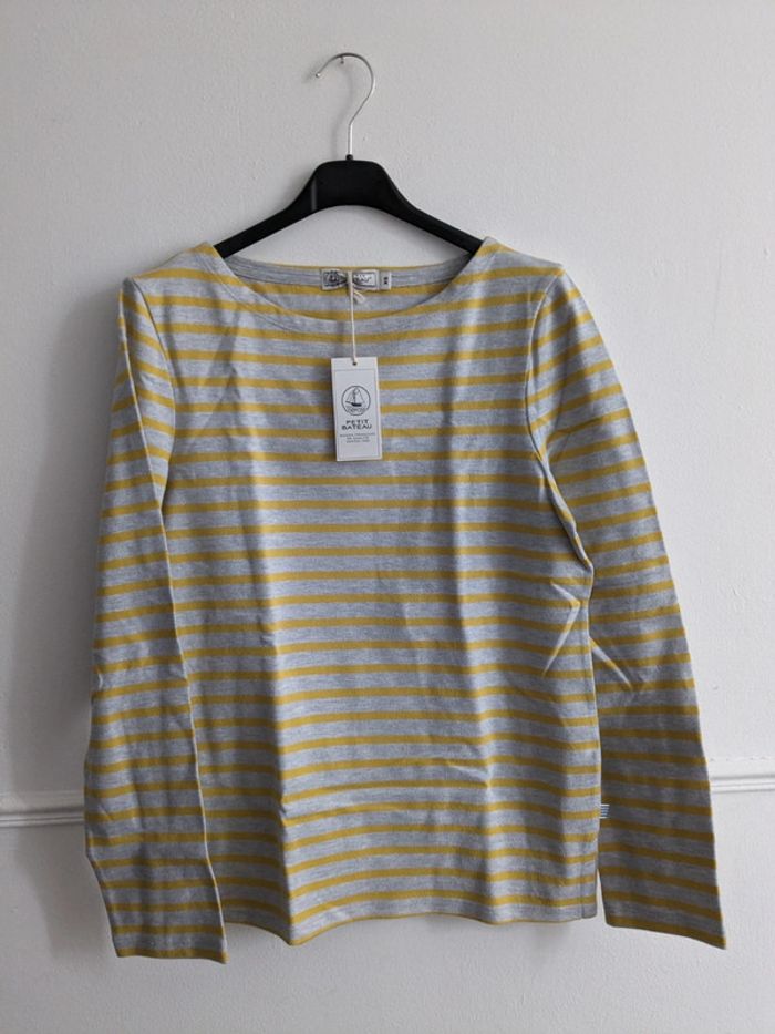 Pull rayé gris et jaune XS
