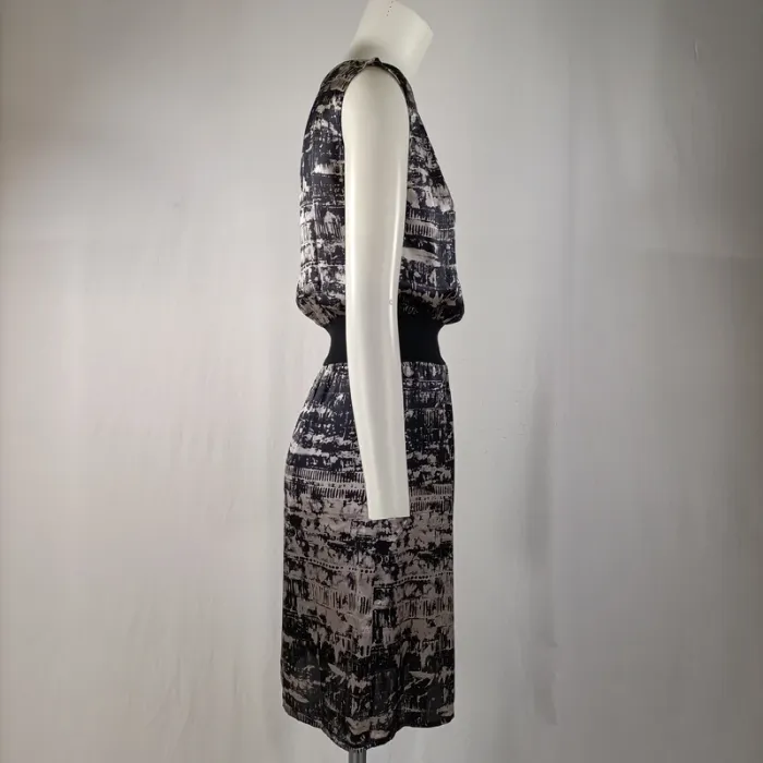 Robe Naf Naf 100 % soie, imprimé graphique noir et beige, taille 36, ceinture élastique A961 - photo numéro 4