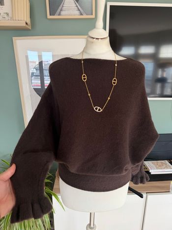 Pull en maille chauve souris duveteuse marron taille S/M col bateau laine viscose 