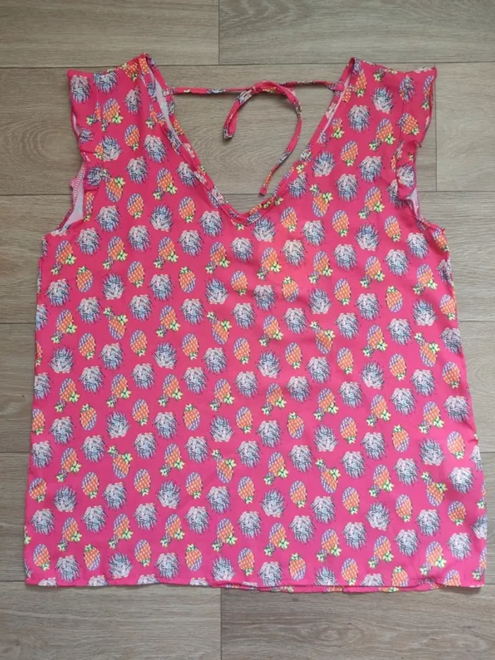 Blouse manches courtes volants rose fuschia motifs cactus colorés taille 44 Eldys neuve - photo numéro 5