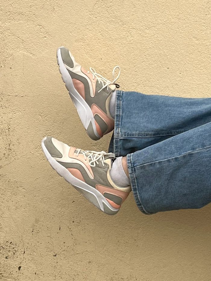 Baskets légère et confortable satiné et velours - gris crème rose et blanc - photo numéro 4