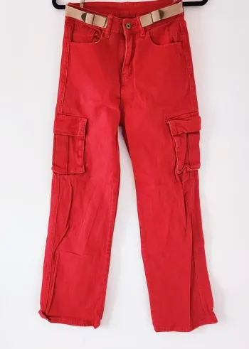 🔴 Pantalon cargo rouge avec ceinture intégrée – Taille 38