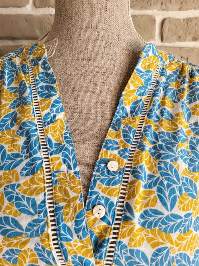 Blouse imprimée feuillage jaune moutarde et bleu clair - rétro champêtre - photo numéro 3