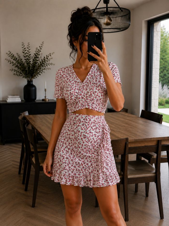 🌸 Ensemble fleuri rose & blanc – Taille unique 🌸