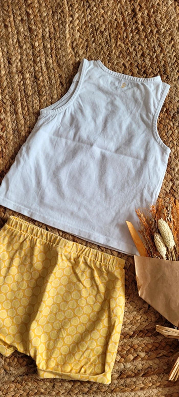 Magnifique Ensemble Short et Débardeur blanc jaune citron 🍋 perroquet Obaïbi 9mois comme neuf - photo numéro 7
