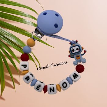 Attache tétine personnalisé en silicone Robot bleu jaune rouge