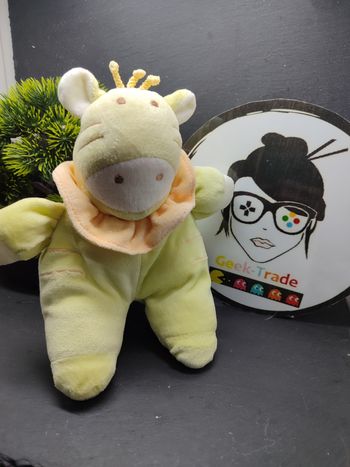 1439 Doudou zébre vache Girafe Vert Orange Blanc tex grelot Col Rayure Peluche 
