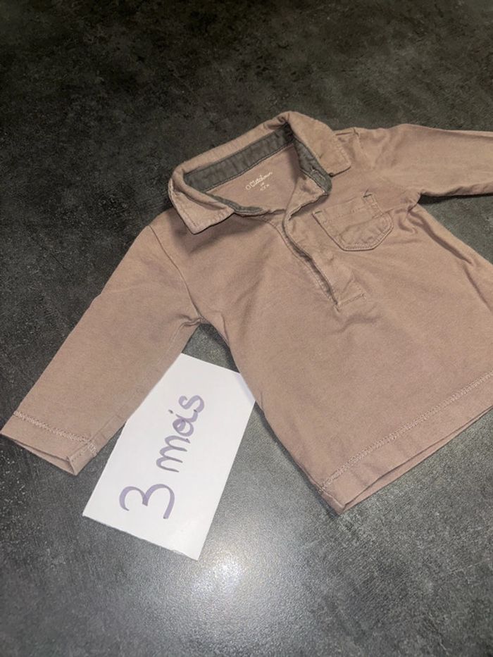 Tee shirt à manches longues bébé avec col marron - photo numéro 2