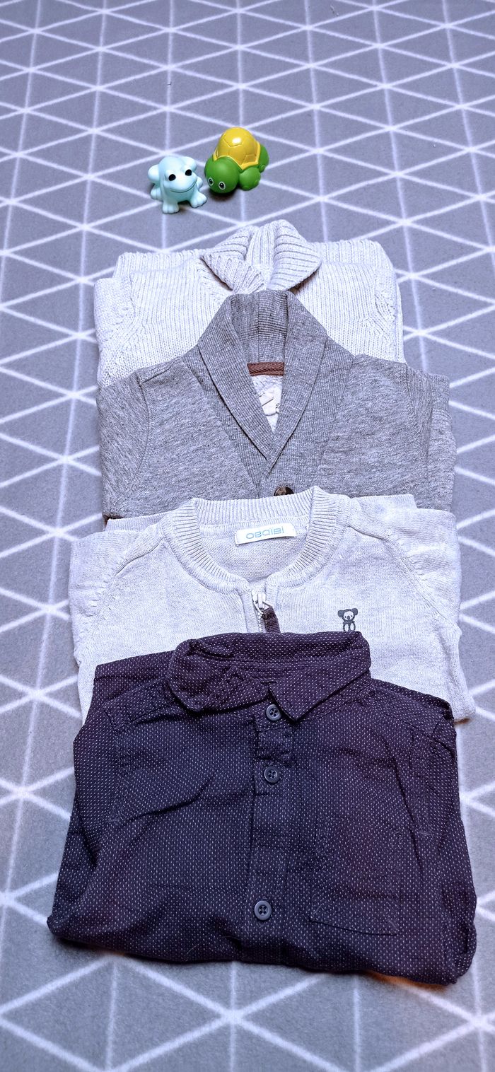 🦁 Lot 3 gilets + 1 chemise, 6 mois