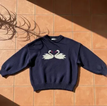 Pull navy col rond, Swanis, taille M, motif cygnes doux chic
