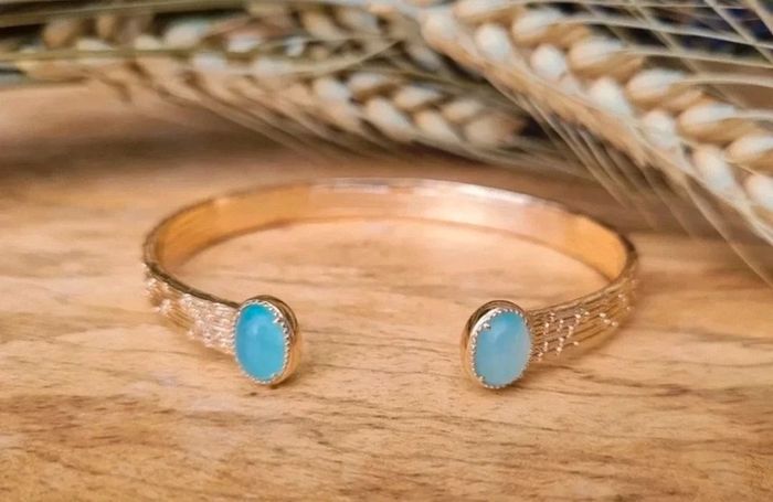 Bracelet Jonc plaqué or et agate bleue lithothérapie - photo numéro 6