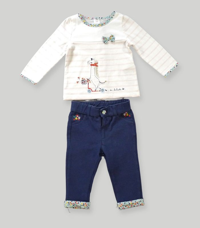 Ensemble pantalon tee-shirt tweed jersey marine blanc rose girafe Sergent Major 9 mois fille - photo numéro 2