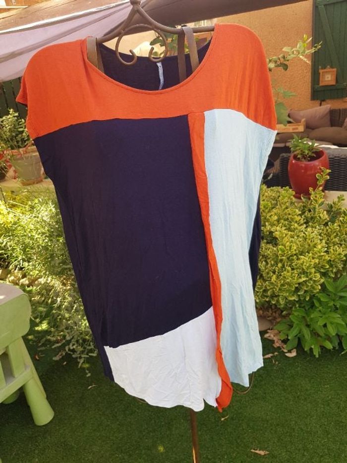 tunique femme. bleu orange blanc. blancheporte. taille 46/48