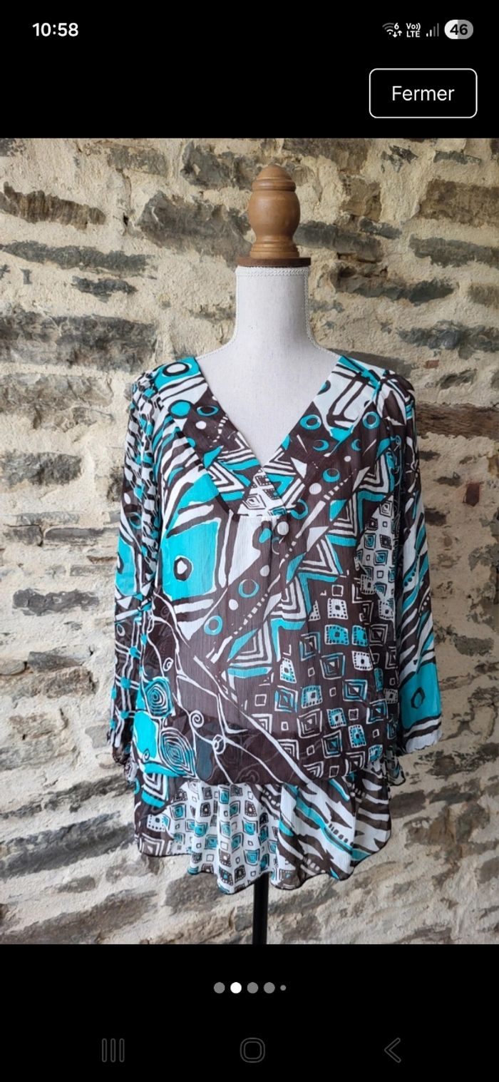 Blouse style tunique bleue turquoise marron et blanche Multiples Taille 5 ou 46 - photo numéro 1