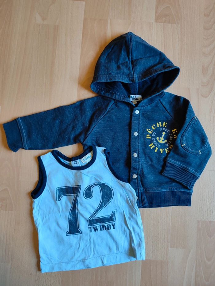 Lot sweat zippé à capuche Mini Jungle et débardeur Twiddy en 9M
