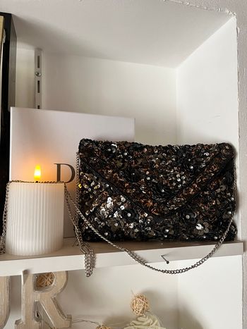 Pochette/clutch/sac bi matière sequins noir/argenté chainette Atmosphère TBE 🪩