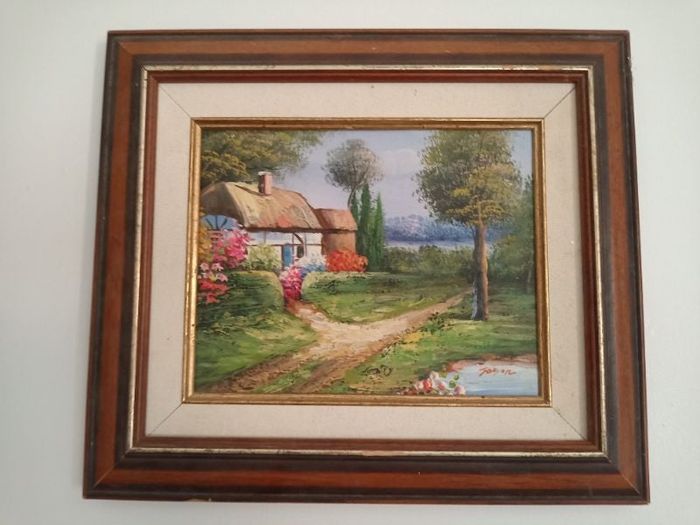 Toile maison dans la campagne signée