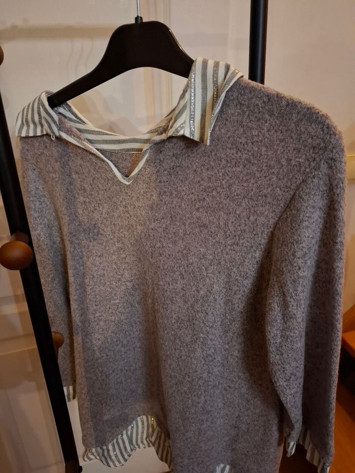 Pull femme à  col chemise, rose chinée - photo numéro 2