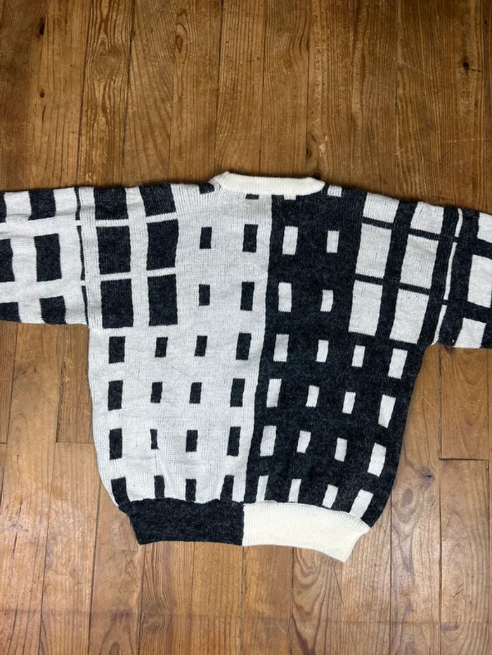 Pull maille vintage motifs gris-noir blanc M - photo numéro 10