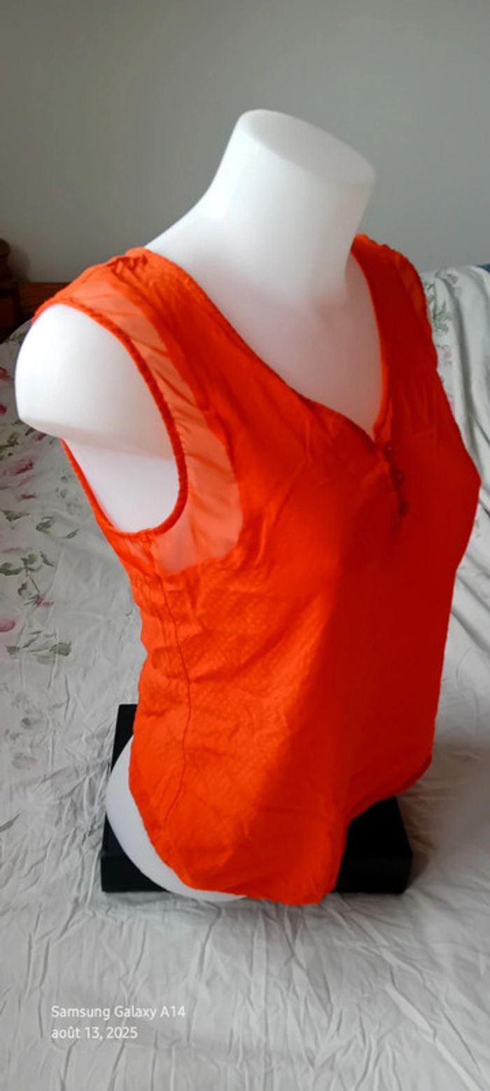Blouse sans manches bimatiere col V boutonné gaufré orange femme 38 naf naf - photo numéro 3