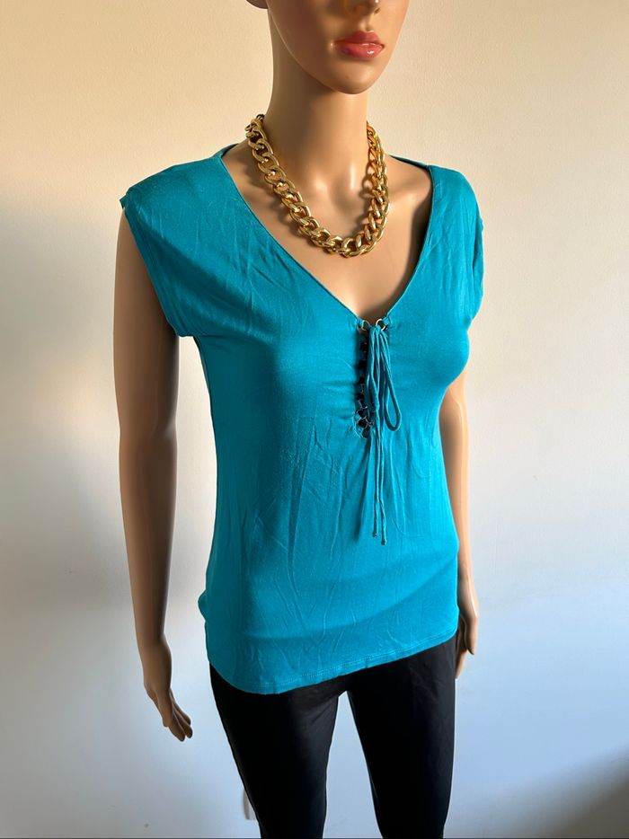 Teeshirt turquoise à manches courtes Morgan taille M TBE - photo numéro 2