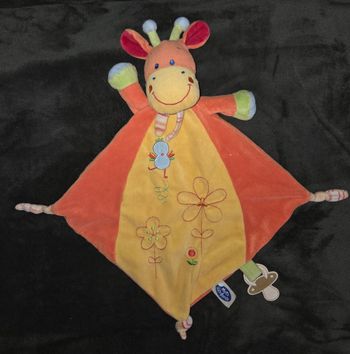 Doudou girafe losange orange et jaune - Poussin / Fleurs - Attache tétine - Mots d'enfants 