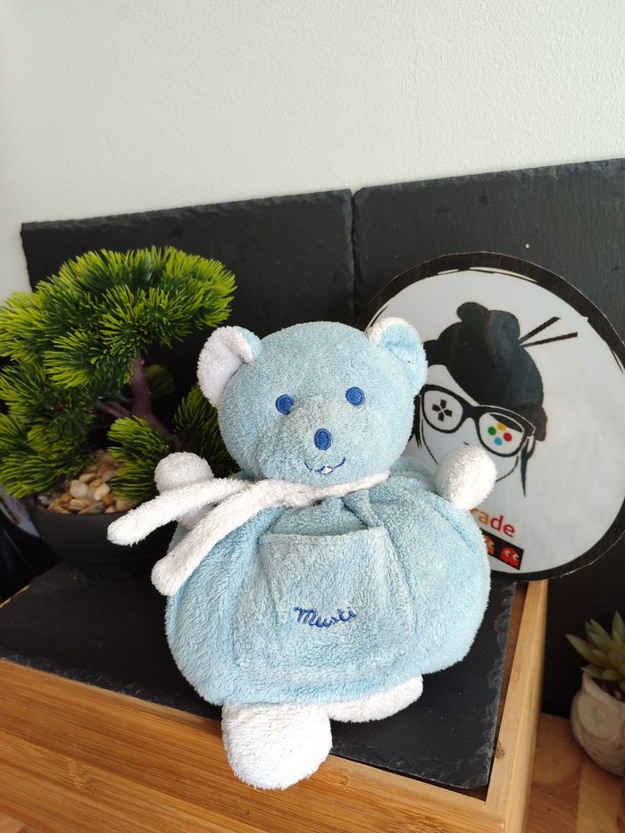 peluche Doudou ours boule Musti mustela écharpe bleu blanc poche PE0231