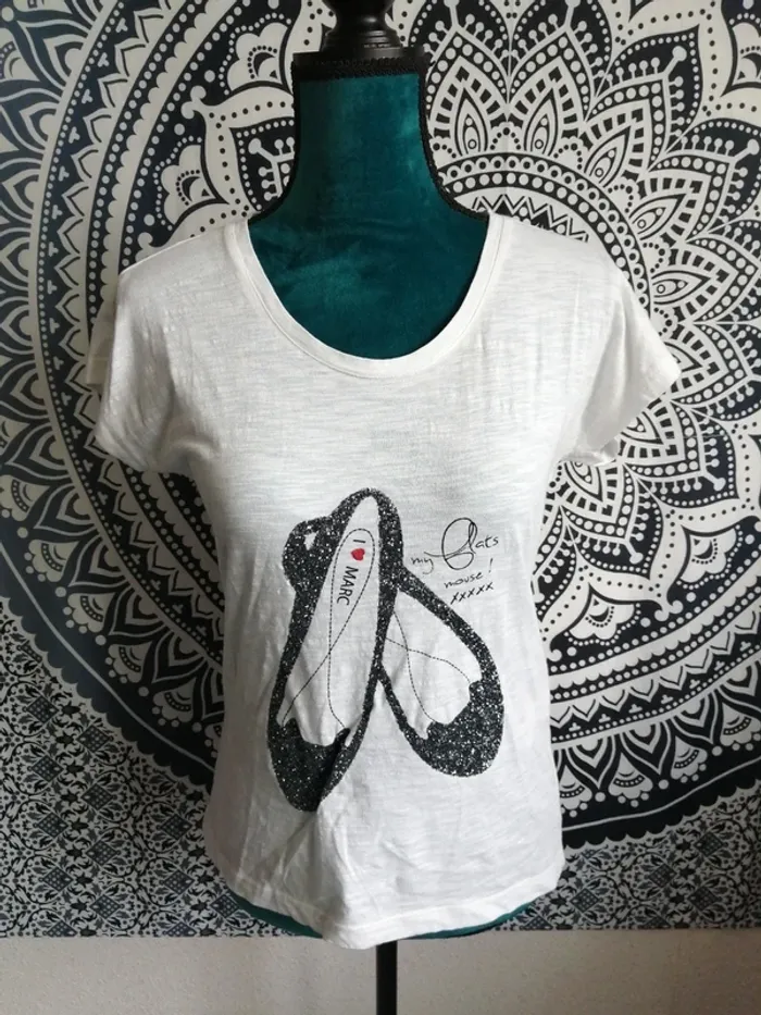 Tee-shirt blanc avec ballerines à paillettes / school rag / (S) - photo numéro 2