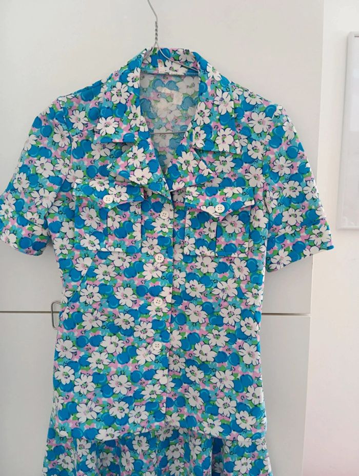 Magnifique Ensemble vintage 70's bleu fleurs roses /blanches taille 34 - photo numéro 15