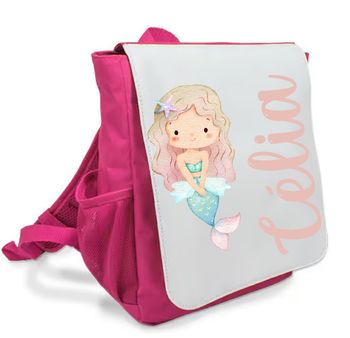 Sac à dos rose maternelle personnalisé prénom - Sirène pastel - Rabat imprimé amovible - Sac crèche fille féérique