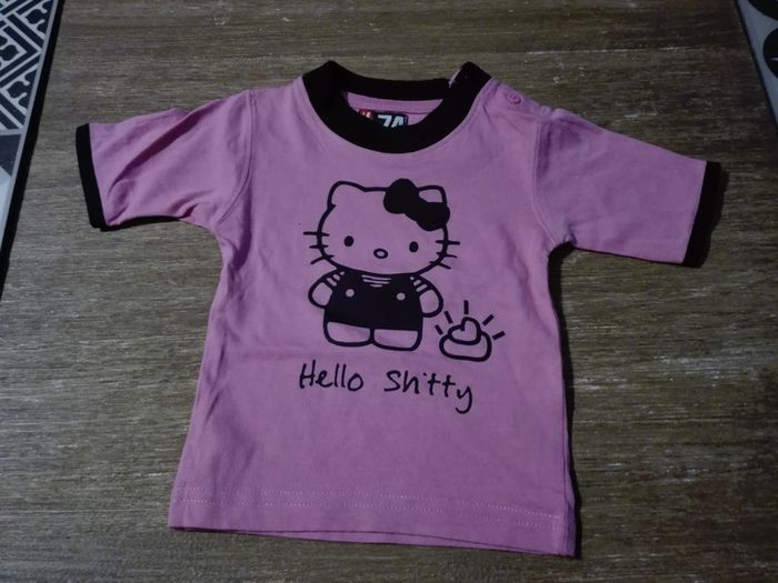 T-shirt bébé fille 12 mois rose noir neuf Hello Kitty shitty détourné caca drôle fun