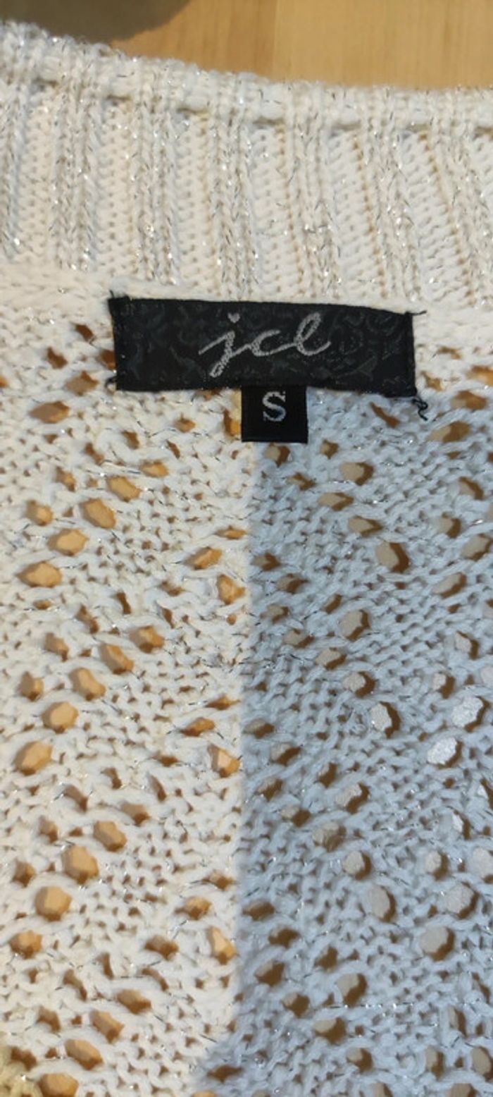 Pull long manches courtes ajouré blanc pailleté - photo numéro 4
