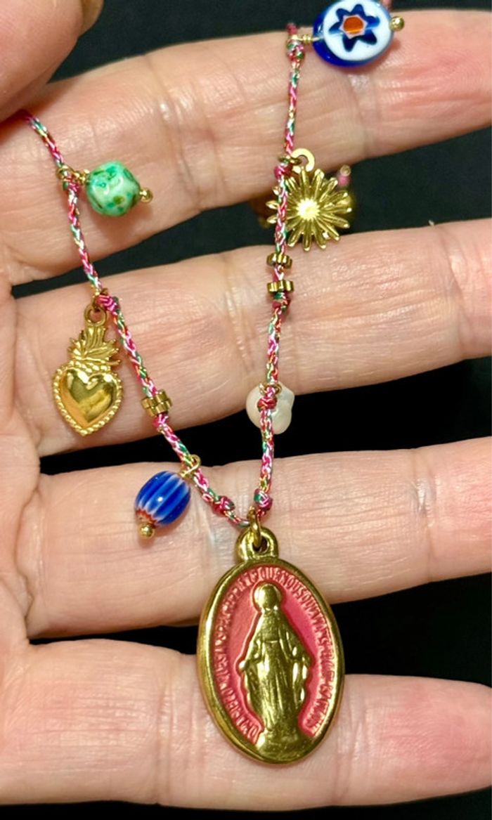 Collier sautoir habaha Paris cordon tressé pampilles perles cœur médaille vierge - photo numéro 13