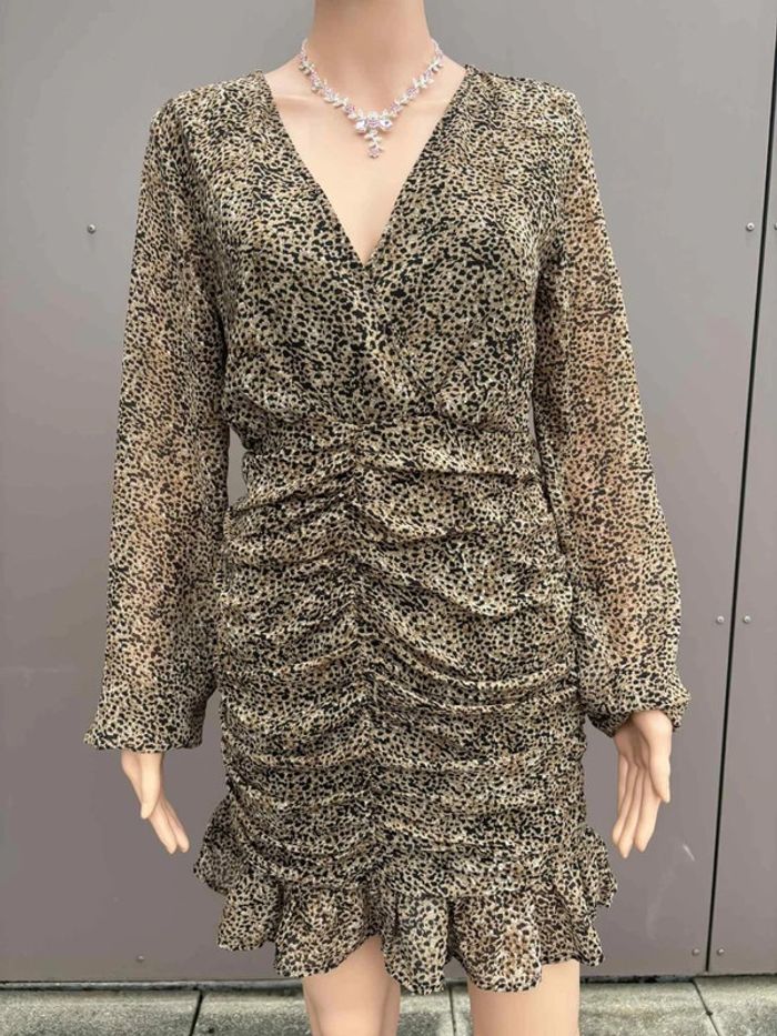 Robe léopard froncée manches longues fluide – Taille S - photo numéro 3