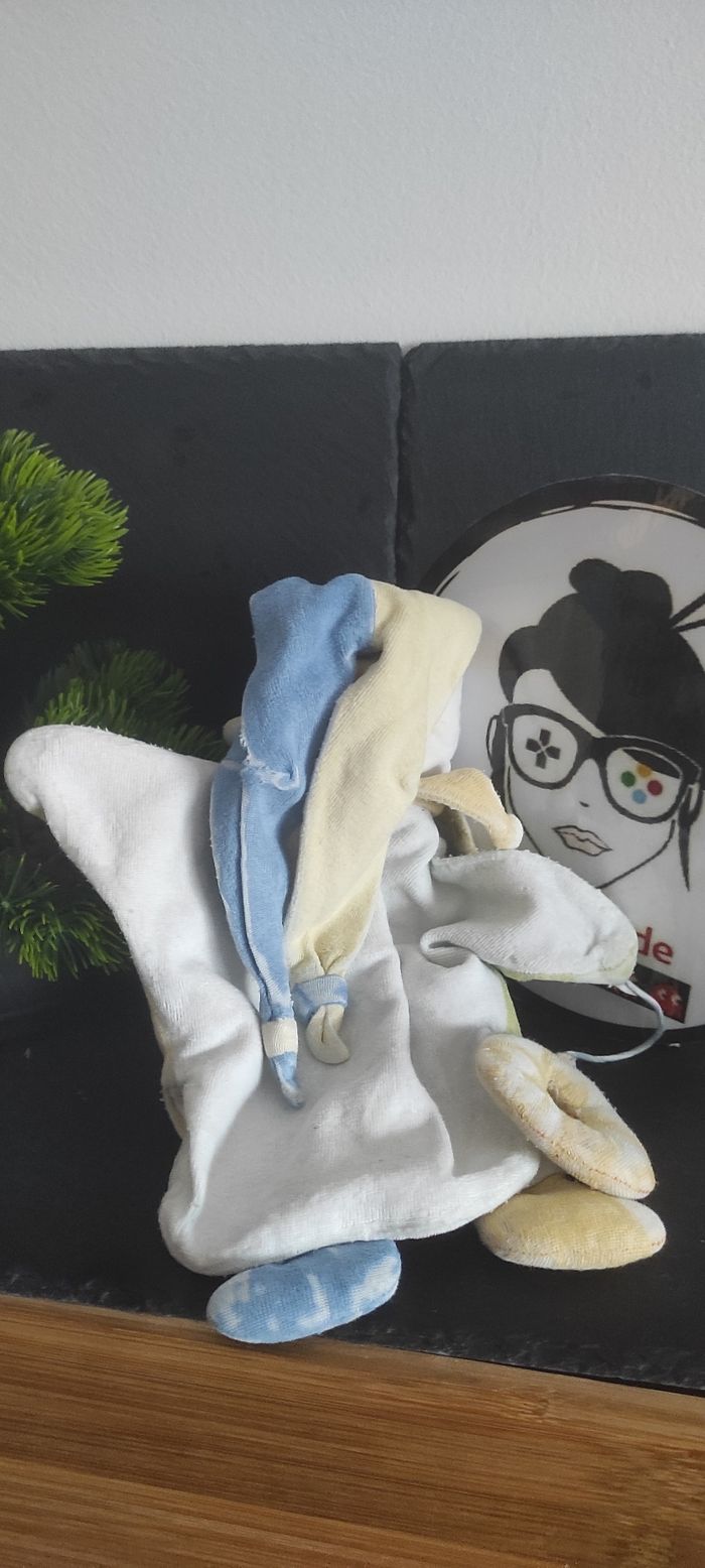 doudou Baby Nat ancien clown marionnette jaune bleu vert rond bonnet bouffon - photo numéro 7