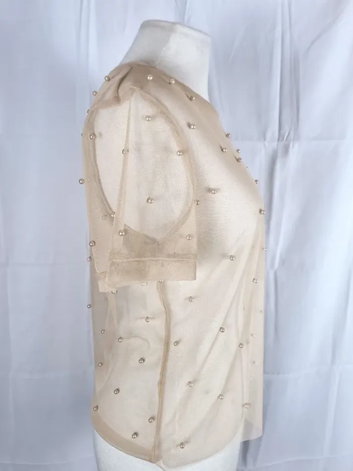 Haut Zara à courtes manches beige transparent avec perles XS/34 - photo numéro 3