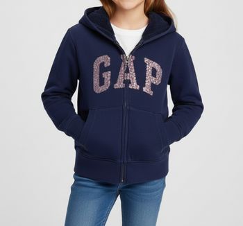 Sweat à Capuche GAP Kids Bleu Marine Fourré Lettres Paillettes Zippé Taille L (10 ans) 140 Cms