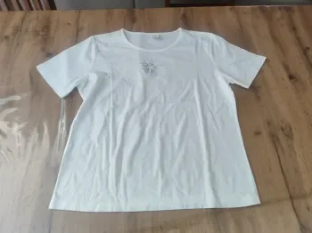 T-shirt Blanc Anne de Lancay Brodé/Strass - Taille 42/44 - Polyester Coton - Très Bon État