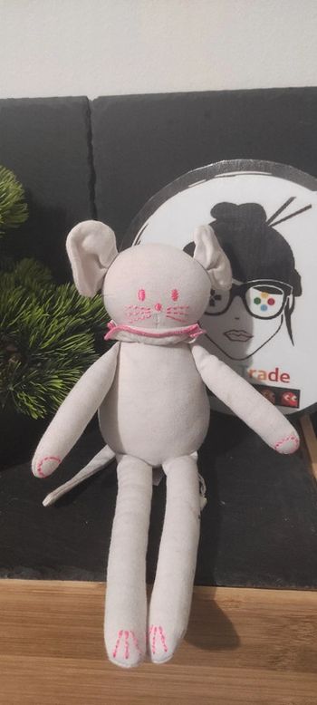 peluche Petit Bateau Doudou Petit Bateau Souris Rose Pantin Fluo blanc