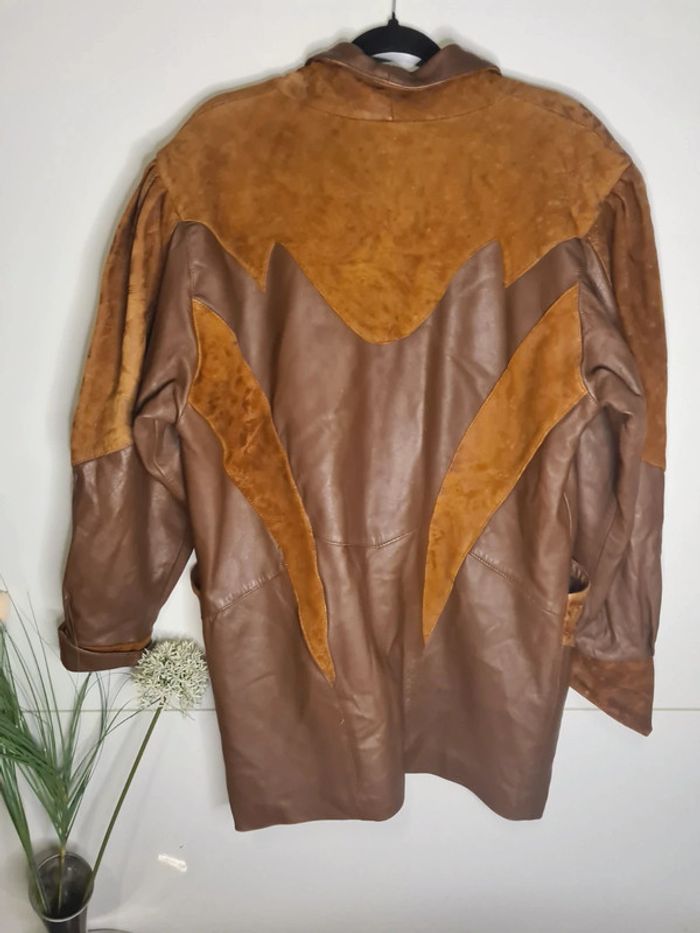 Blouson vintage mi long cuir marron daim et cuir - photo numéro 4