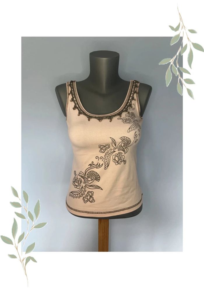 🌸 Débardeur Paul Brial – Taille 1 – Rose pâle avec motifs gris – Élégance douce 🌸