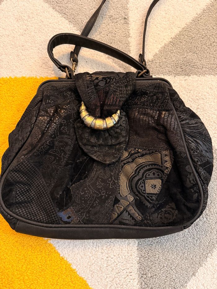 Sac à bandoulière en cuir et tissus noir vintage - photo numéro 2