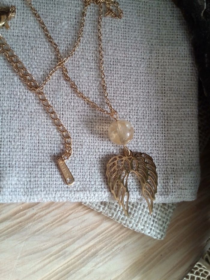 Collier pendentif pierre de citrine et paire d'ailes + carte - photo numéro 3