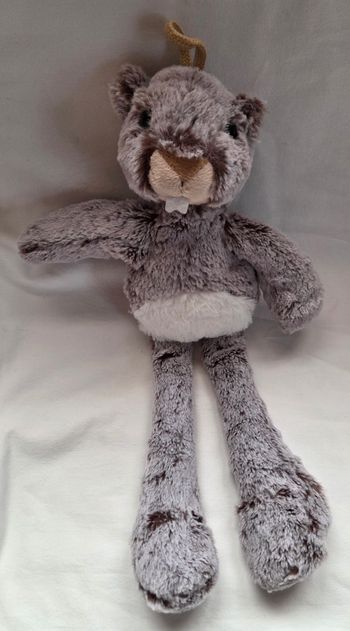 Peluche pantin marmotte marron chiné et blanc - 38 cm - Rodadou