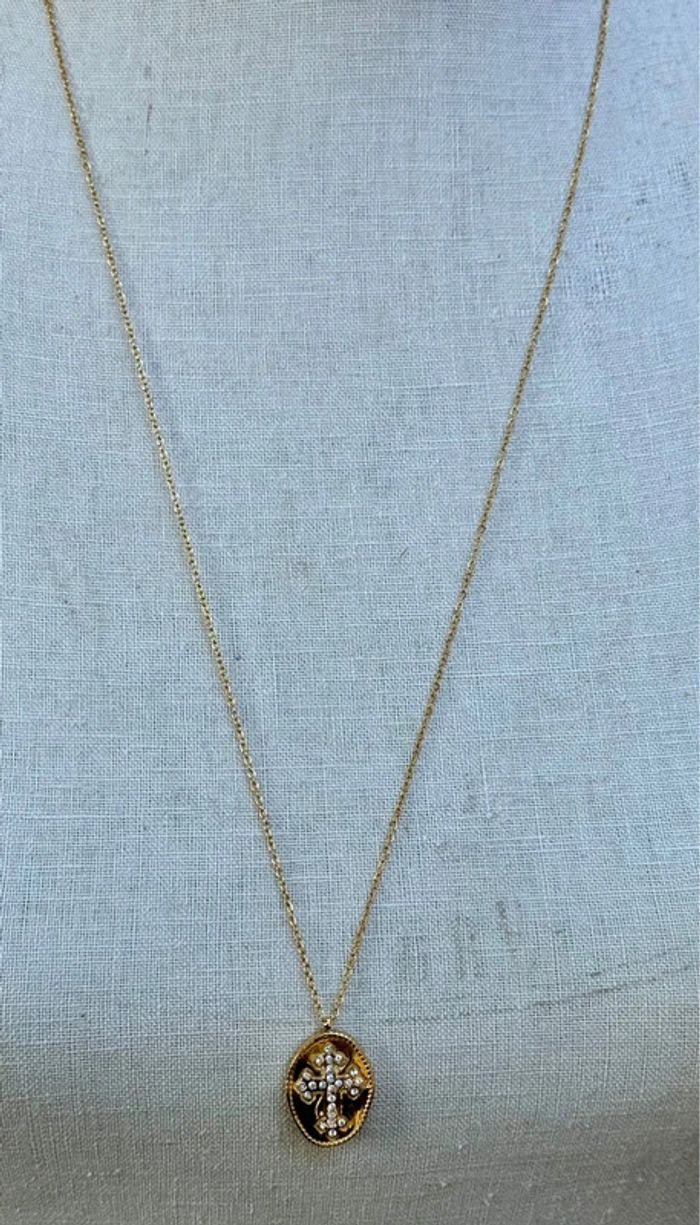 Collier sautoir acier inoxydable or réglable médaille xl croix cristaux