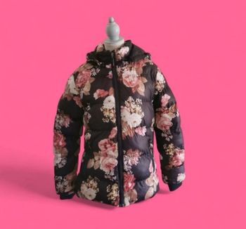 Doudoune violette fleurie intérieur molletonné noir chaude capuche amovible bouny baby 12 ans